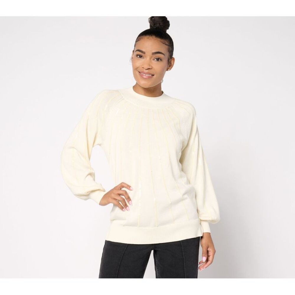 Belle by Kim Gravel Women's Top Sweater Sz L Star Burst Sequin Glam White